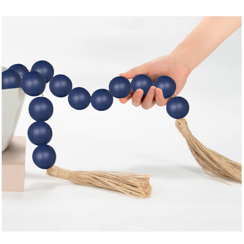 Omishe 76"" Long Large Wood Bead Garland Navy Blue With 1.6"" Diameter Wooden Beads And Tassels Rustic Farmhouse Country Wood Beads Garland For Home Decor Decorative Beads With Tassels Navy Blue - Image 1