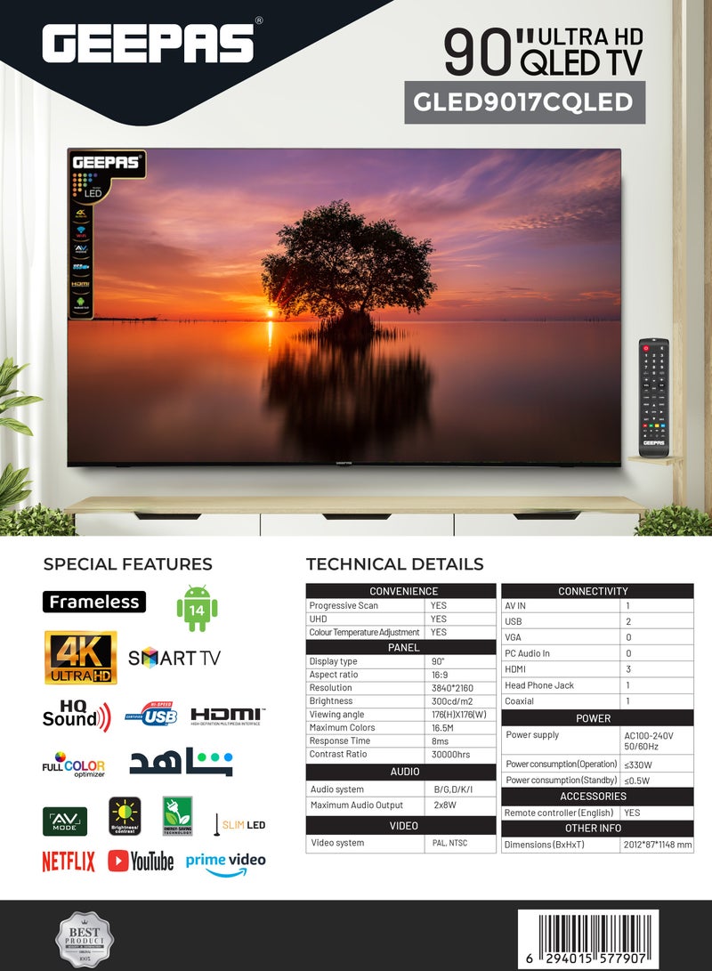 GEEPAS 90" 4K Ultra HD QLED TV with Remote Control | HDMI and USB Ports HQ Sound, AV Mode| Android 14.0 Frameless Design| Pre-installed Apps GLED9017CQLED  - Image 2