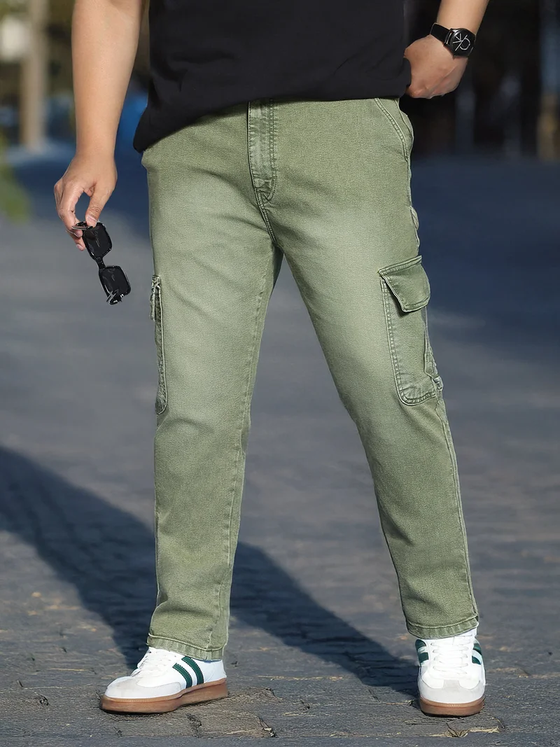 Urbano Plus Men's Olive Green Regular Fit Washed Cargo Jeans with 6 Pockets Stretchable