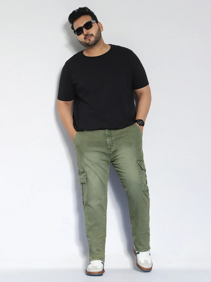 Urbano Fashion  Urbano Plus Men's Olive Green Regular Fit Washed Cargo Jeans with 6 Pockets Stretchable  | Best Price UAE