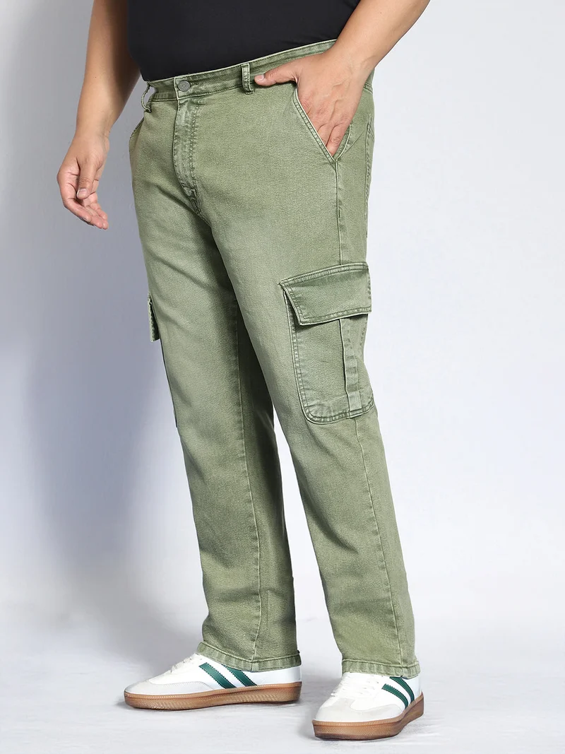 Urbano Fashion  Urbano Plus Men's Olive Green Regular Fit Washed Cargo Jeans with 6 Pockets Stretchable  | Best Price UAE