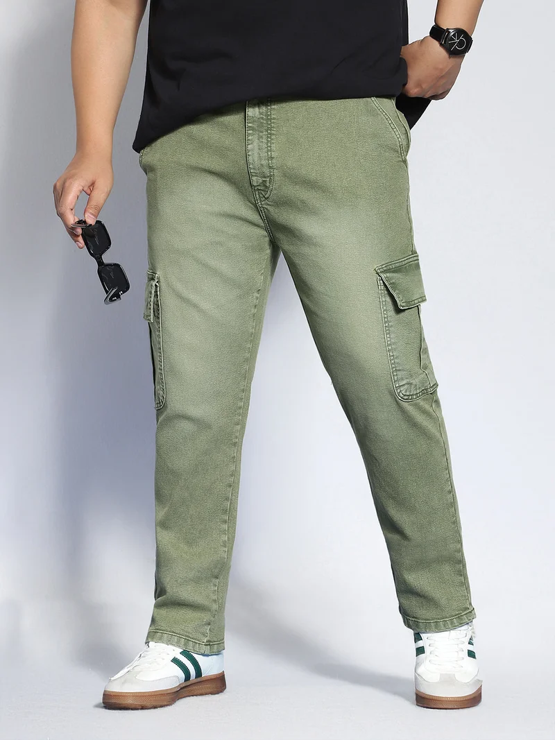 Urbano Fashion  Urbano Plus Men's Olive Green Regular Fit Washed Cargo Jeans with 6 Pockets Stretchable  | Best Price UAE
