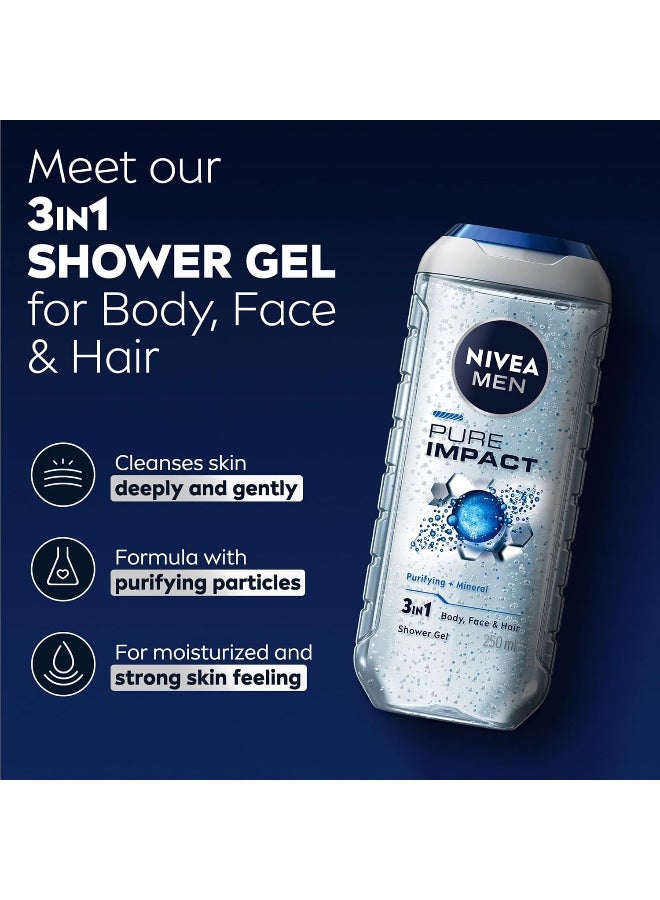 NIVEA MEN 3in1 Shower Gel Body Wash, Pure Impact Fresh Scent, 250ml - Image 2