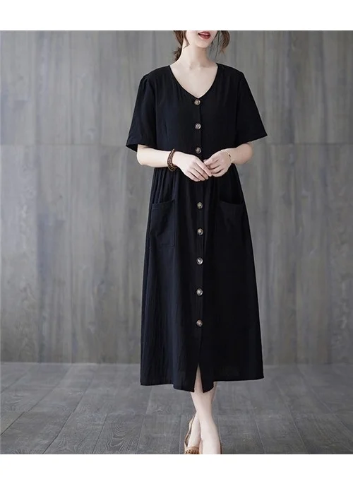 Barbora Linen Casual V Neck Waist Gather Detail Buttoned Dress