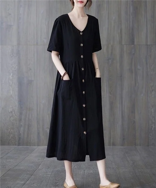 باربورا Linen Casual V Neck Waist Gather Detail Buttoned Dress