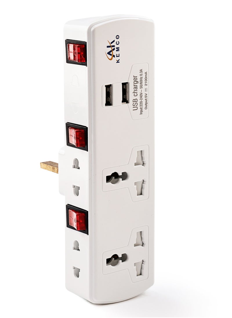AK KEMCO 5 Way Multi Adapter Plug with 2 USB Ports White Wall Multi Plug Socket for Home and Office AK-306  - Image 1