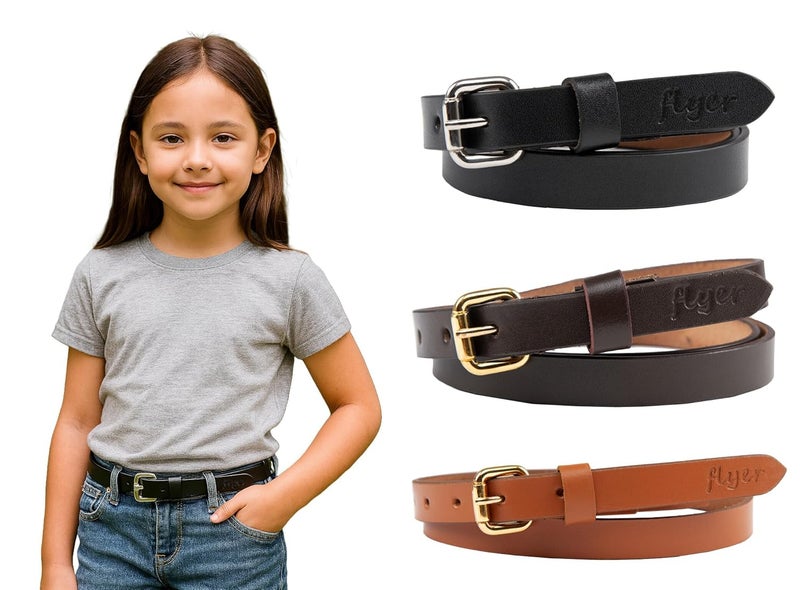 Flyer Girls Leather Belt Combo Pack of 3 – Genuine Leather Kids Belts in Black, Brown & Tan – Adjustable Stylish for Jeans, Dress, School Uniform – For Girls 2–14 Years | 2 Years Warranty BL-BR-TAN - Image 1