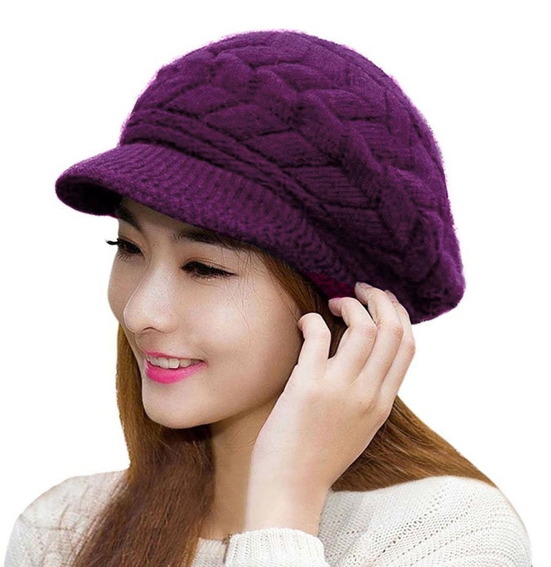 HINDAWI Women Winter Hats Newsboy Caps Knit Crochet Fashions Snow Warm Hat with Visor Purple - Image 1