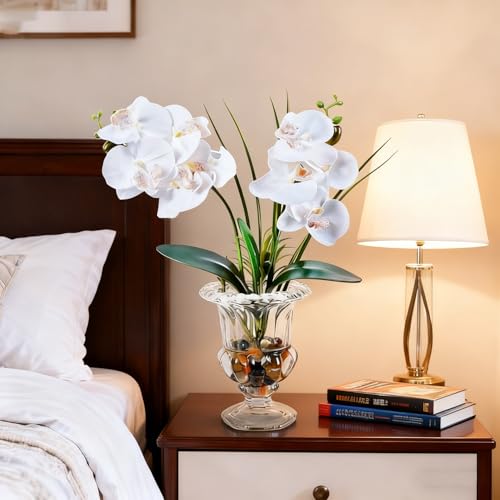 Jusdreen Artificial Orchid Centerpiece with Glass Vase, 14.5 Inch Lifelike Phalaenopsis Bonsai for Home Office Table Decor, White Orchid Arrangement with Potting - Image 4