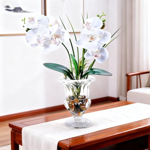 Jusdreen Artificial Orchid Centerpiece with Glass Vase, 14.5 Inch Lifelike Phalaenopsis Bonsai for Home Office Table Decor, White Orchid Arrangement with Potting - Image 3