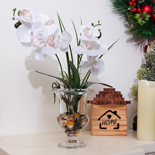 Jusdreen Artificial Orchid Centerpiece with Glass Vase, 14.5 Inch Lifelike Phalaenopsis Bonsai for Home Office Table Decor, White Orchid Arrangement with Potting - Image 5