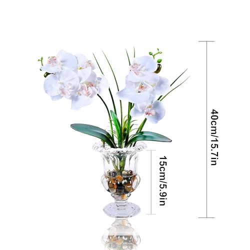 Jusdreen Artificial Orchid Centerpiece with Glass Vase, 14.5 Inch Lifelike Phalaenopsis Bonsai for Home Office Table Decor, White Orchid Arrangement with Potting - Image 2