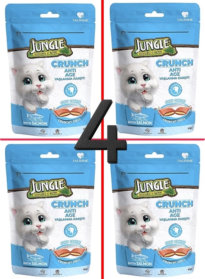 جانغل طعام قطط جانجل كرانش مضاد للشيخوخة مع سمك السلمون -4 أكياس، حجم كل كيس 60 غرامًا - Image 1