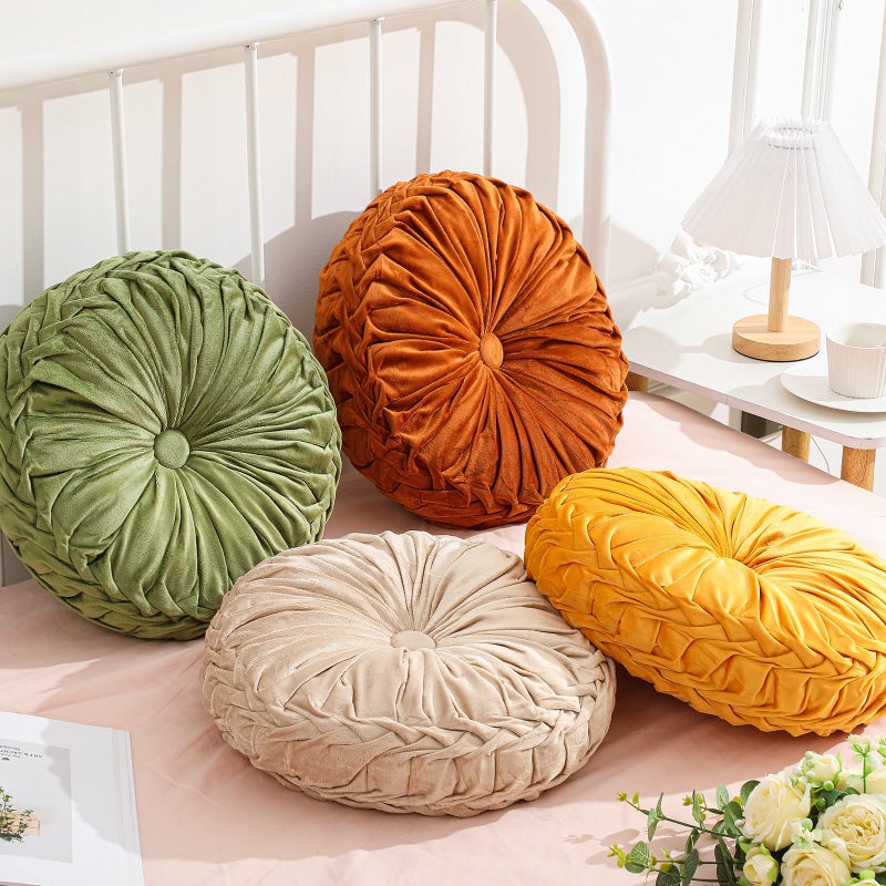 Drydiet 4 Pcs Round Throw Velvet Pillows Decorative Pleated Throw Pillows Diameter Accent Pumpkin Boho Chair Cushion for Couch Sofa Home Decoration Fall Color15 - Image 2