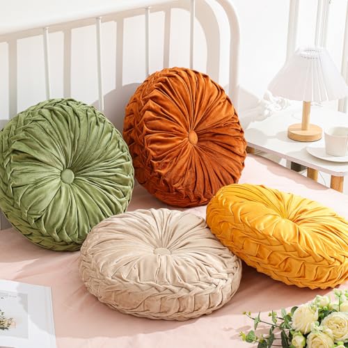 Drydiet 4 Pcs Round Throw Velvet Pillows Decorative Pleated Throw Pillows Diameter Accent Pumpkin Boho Chair Cushion for Couch Sofa Home Decoration Fall Color15 - Image 1