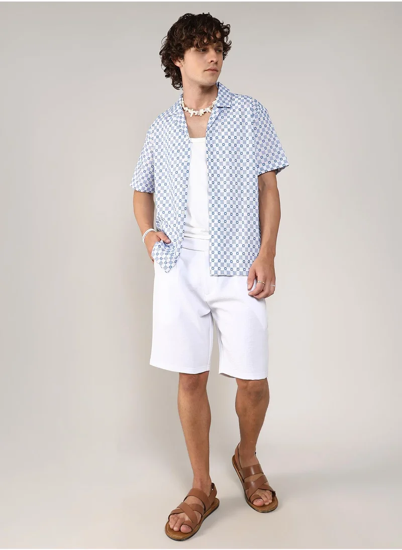 Campus Sutra Men's Chalk White & Prussian Blue Embroidered Checkered Shirt