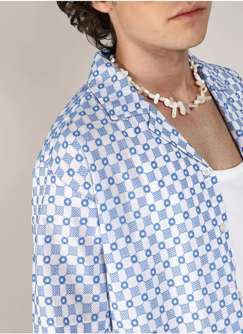 Campus Sutra Men's Chalk White & Prussian Blue Embroidered Checkered Shirt