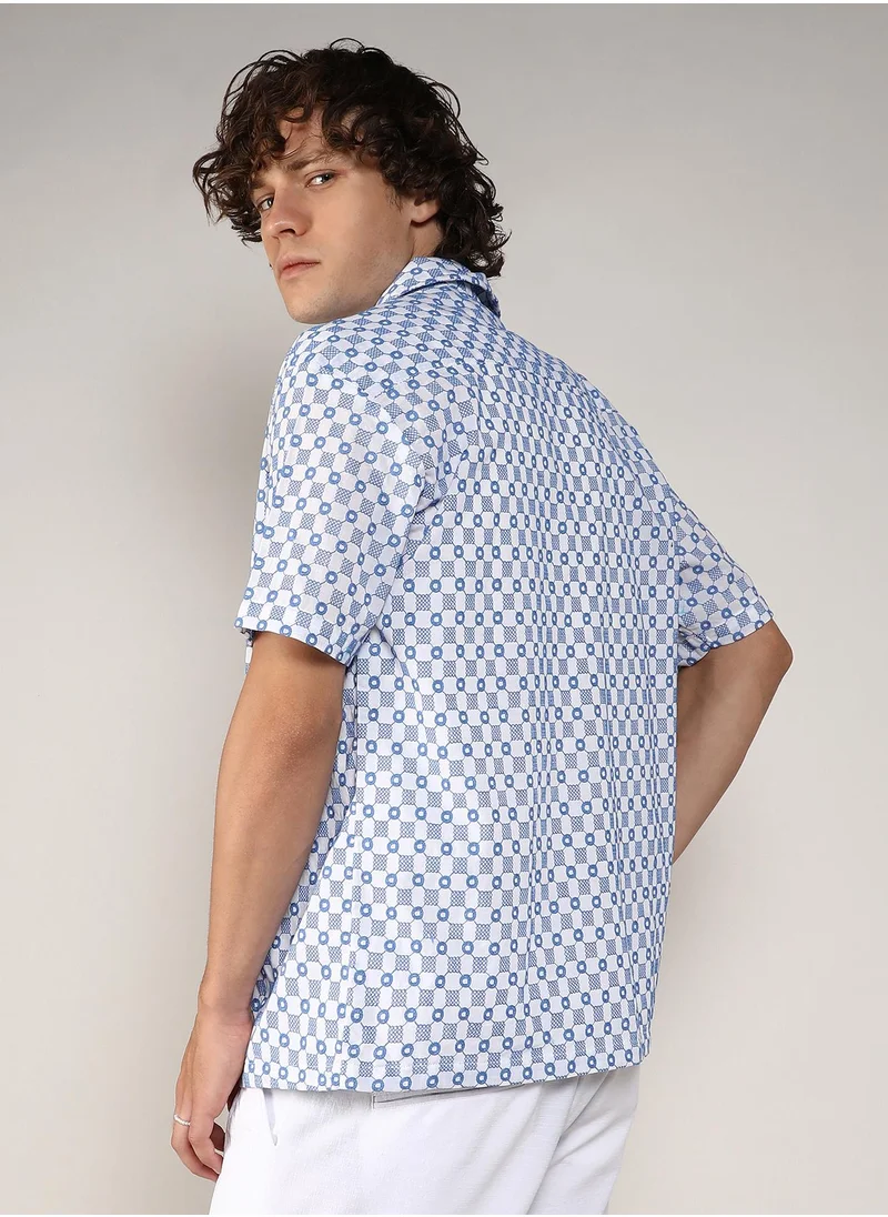 Campus Sutra Men's Chalk White & Prussian Blue Embroidered Checkered Shirt