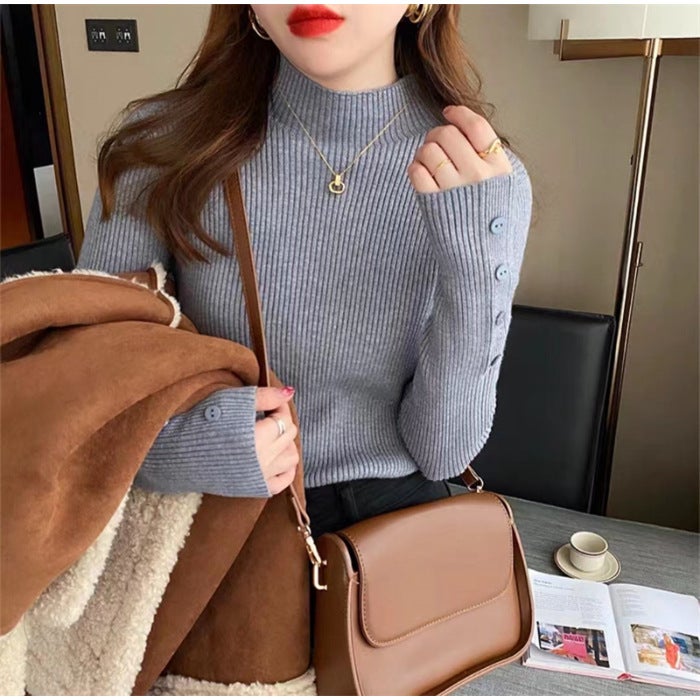 Half turtleneck sweater bottoming shirt womens autumn and winter 2025 new inside explosion foreign style solid color all-match knitted top Grey