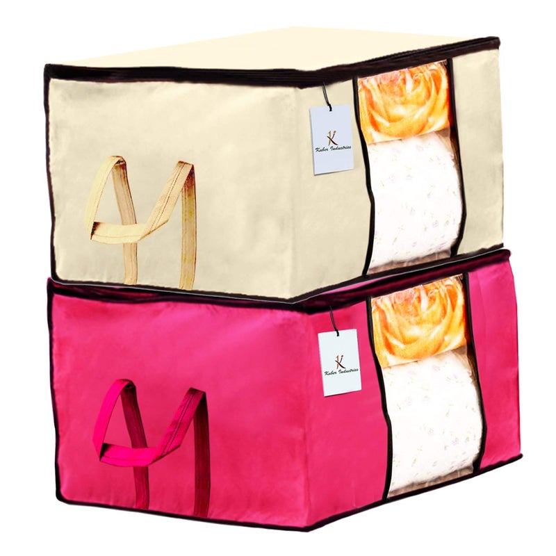 Kuber Industries Underbed Rectangular Storage Organiser Bag Ivory Pink Extra Large Size CTKTC23886 Set of 2 - Image 1