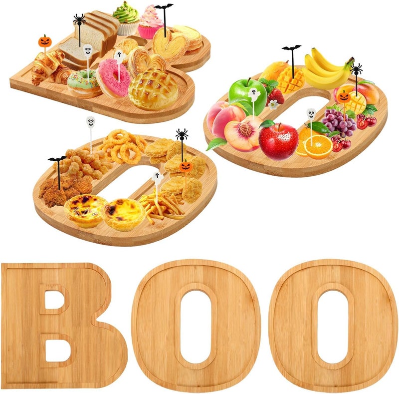 Augsun 53Pcs Halloween Charcuterie Board Set, 3 BOO Halloween Cheese Board Wooden Serving Platter with 50 Plastic Toothpicks for Party Buffet Supplies for Home Outdoor Party Decoration - Image 1