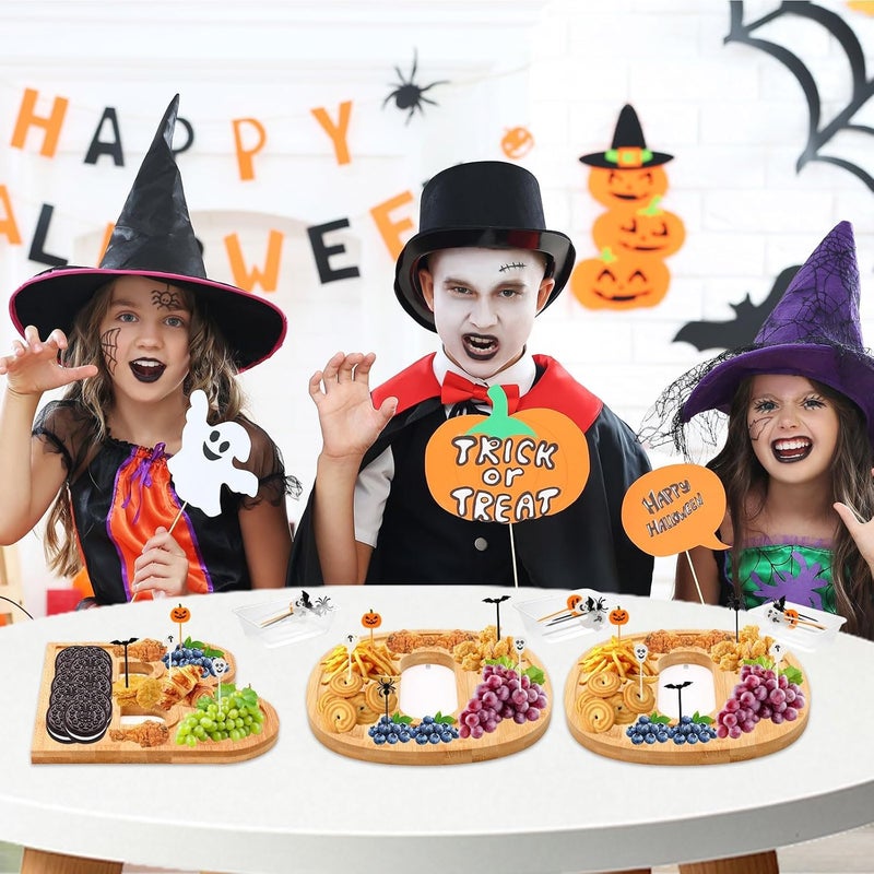 Augsun 53Pcs Halloween Charcuterie Board Set, 3 BOO Halloween Cheese Board Wooden Serving Platter with 50 Plastic Toothpicks for Party Buffet Supplies for Home Outdoor Party Decoration - Image 4