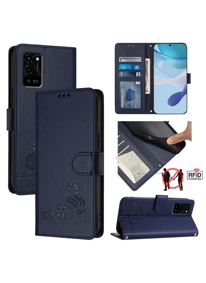 HuHa Case Cover For OPPO A53S 5G / A56 5G Cat Rat Embossed Pattern RFID Leather Phone Case with Lanyard Blue 