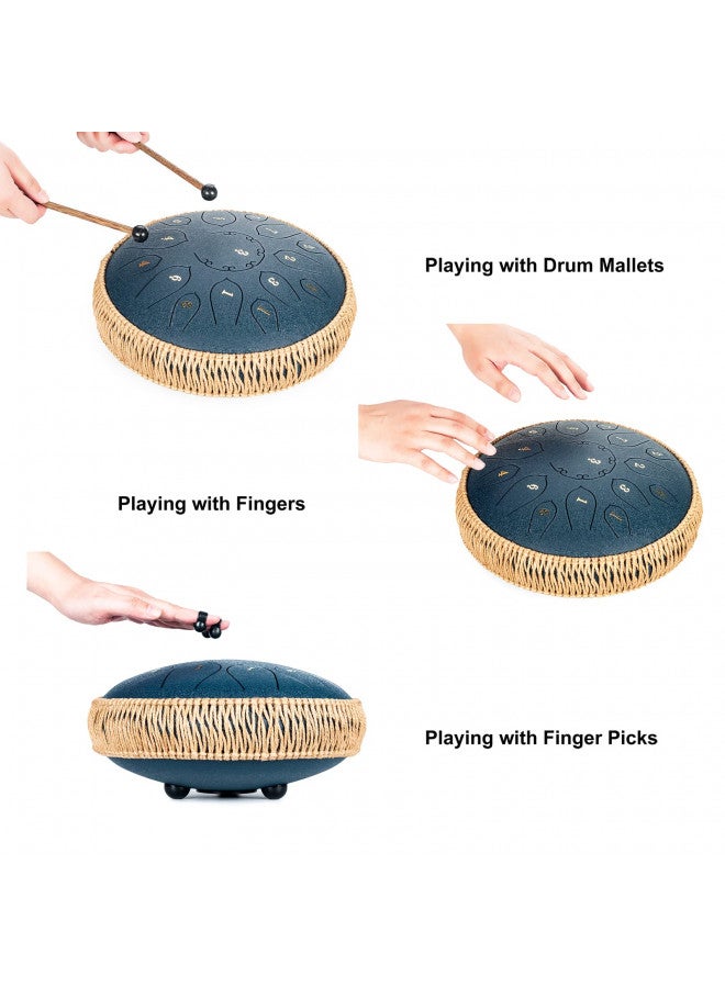 HOPWELL HOPWELL Steel Tongue Drum - 15 Note 12 Inch Tongue Drums - Percussion Instruments - Hand Pan Drum with Music Book, Drum Mallets and Carry Bag, D Major, Navy Blue  - Image 3