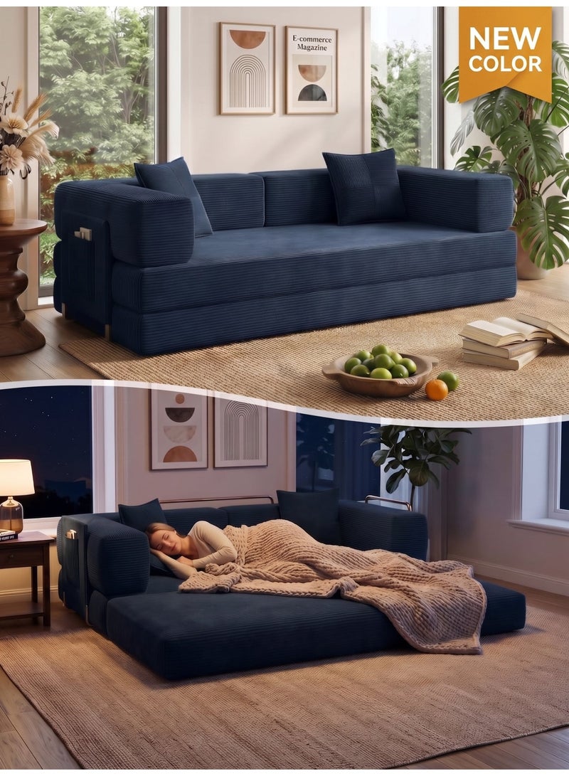 Sofa Bed, Durable Lightweight Ready Filled Convertible Floor Sofa with Side Pocket for Living Room Bedroom Apartment, Comfy Lounge Couch for Adults & Guests (Navy) - Image 1
