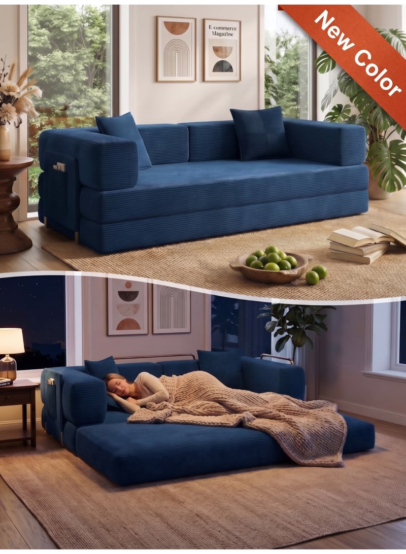 Sofa Bed, Durable Lightweight Ready Filled Convertible Floor Sofa with Side Pocket for Living Room Bedroom Apartment, Comfy Lounge Couch for Adults & Guests (Navy) - Image 1