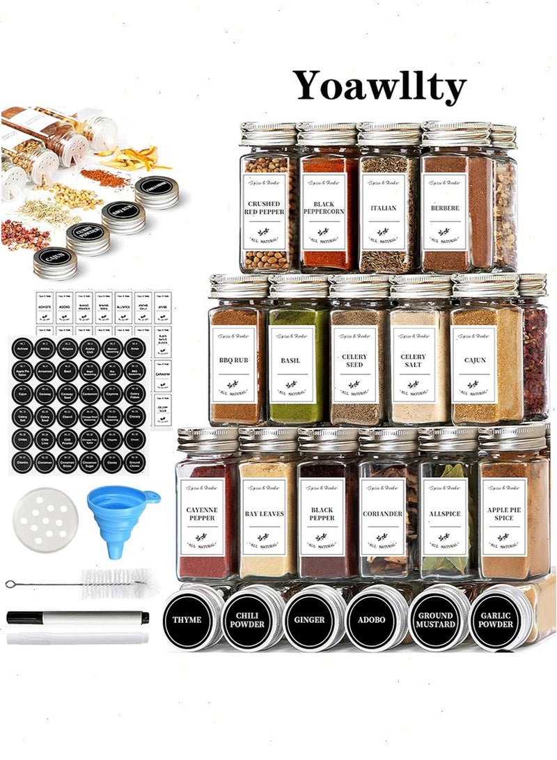 Yoawllty Spice Jars, 24 Pcs Glass Spice Jars with Metal Caps, Labels, Shaker Lids, Collapsible Funnel, Chalk Pen, Seasoning Organizer for Spice Rack - Image 1