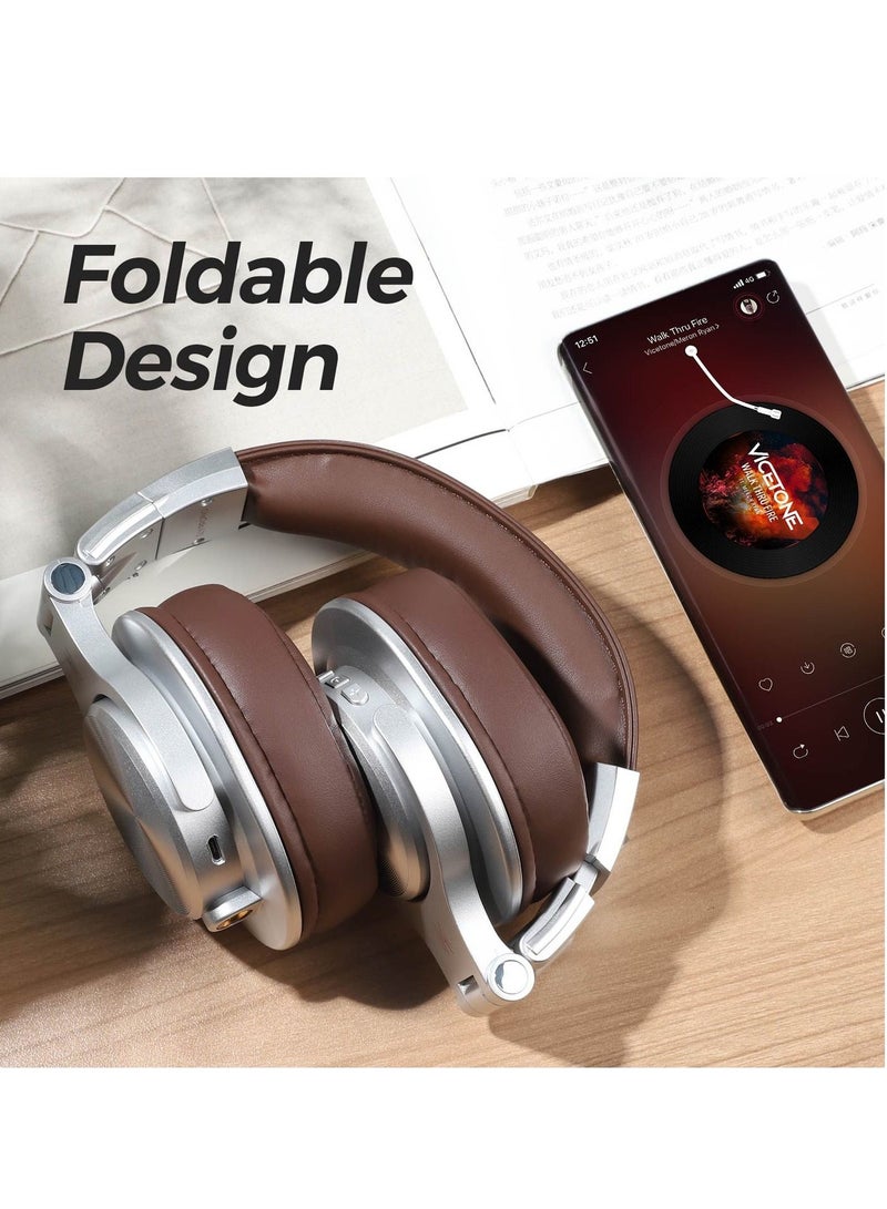 OneOdio A70 Bluetooth Over Ear Headphones, Wireless Headphones w/ 72H Playtime, Hi-Res, 3.5mm/6.35mm Wired Audio Jack for Studio Monitor & Mixing DJ Guitar AMP, Computer Laptop PC Tablet - Silver Brown - Image 5