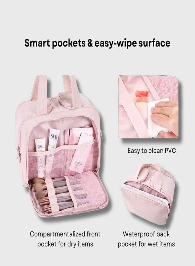 DEVYAMI Makeup Organizer Travel Bag with Wet and Dry Sections, Dual Zip compartments, top Handles, Pink - Image 4