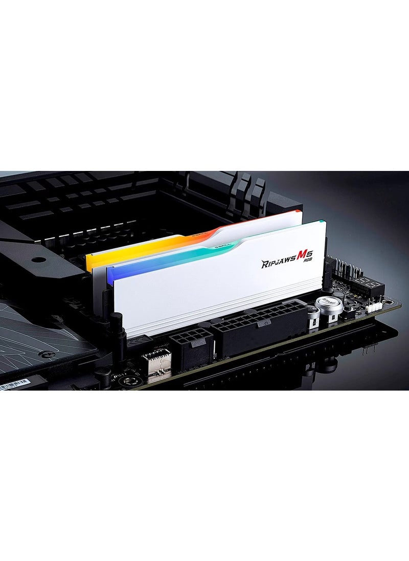 RIPJAWS - مجموعة ذاكرة سطح المكتب ثنائية القناة DDR5 Ripjaws M5 RGB سعة 32 جيجابايت (2x16 جيجابايت) من G.Skill، سرعة ذاكرة 6400 MT/s، زمن انتقال CL 36 CAS، Intel XMP 3.0، 1.35 فولت، 288 دبوس، أبيض | F5-6400J3648F16GX2-RM5RW - Image 1
