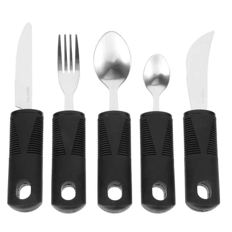 Adaptive Utensils: 5-Piece Black Stainless Steel & TPR Set - Non-slip Easy-grip Handle Cutlery for Elderly, Hand Tremor, Parkinson’s Patients