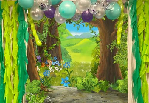 CORFOTO 7x5ft Cartoon Summer Forest Scene Backdrop Green Forest Floral Photography Background Nature Landscape Backdrop Kids Forest Theme Party Decor Cake Table Banner Prop - Image 3