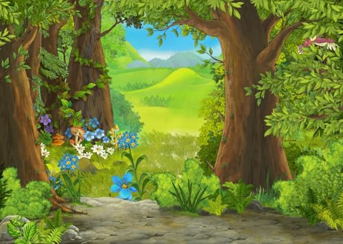 CORFOTO 7x5ft Cartoon Summer Forest Scene Backdrop Green Forest Floral Photography Background Nature Landscape Backdrop Kids Forest Theme Party Decor Cake Table Banner Prop - Image 5