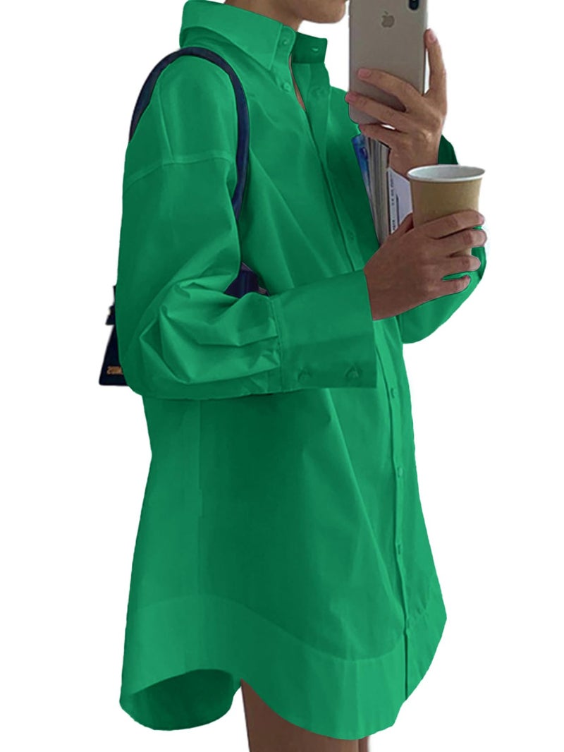 LYANER Women's Casual Shirts Dress Collar V Neck Button Down Loose Long Sleeve Mini Dresses Green XX-Large - Image 2