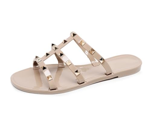 OMGard Womens Studded Sandals Jelly Shoes Woman Summer Beach Jellies Flats Size 9 Beige Ladies Walking Slides with Rivets Cute Dress Open Toes Slippers Comfort Slip On - Image 1