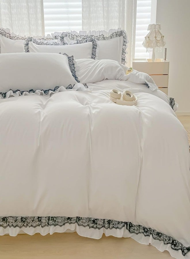 IHOUSTRIY Lace Ruffled Duvet Cover Full Size, Cute Girls Bedding Set Set with Zipper, 3 Pieces Chic Comforter Cover Set with Black Ruffle - White, Full - Image 3