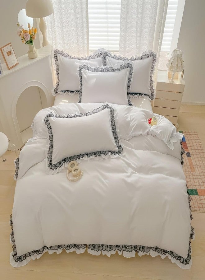 IHOUSTRIY Lace Ruffled Duvet Cover Full Size, Cute Girls Bedding Set Set with Zipper, 3 Pieces Chic Comforter Cover Set with Black Ruffle - White, Full - Image 1