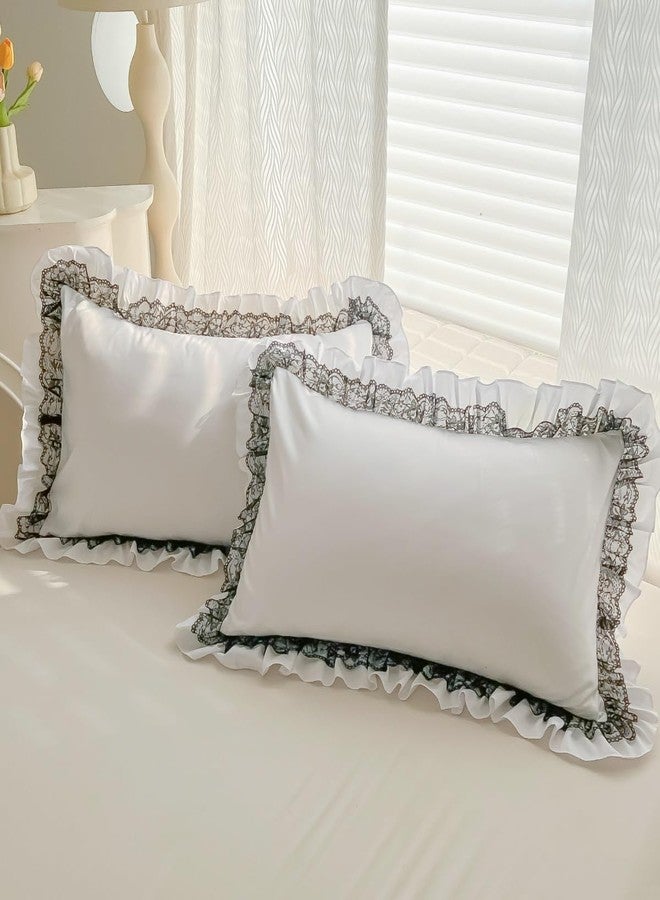 IHOUSTRIY Lace Ruffled Duvet Cover Full Size, Cute Girls Bedding Set Set with Zipper, 3 Pieces Chic Comforter Cover Set with Black Ruffle - White, Full - Image 4