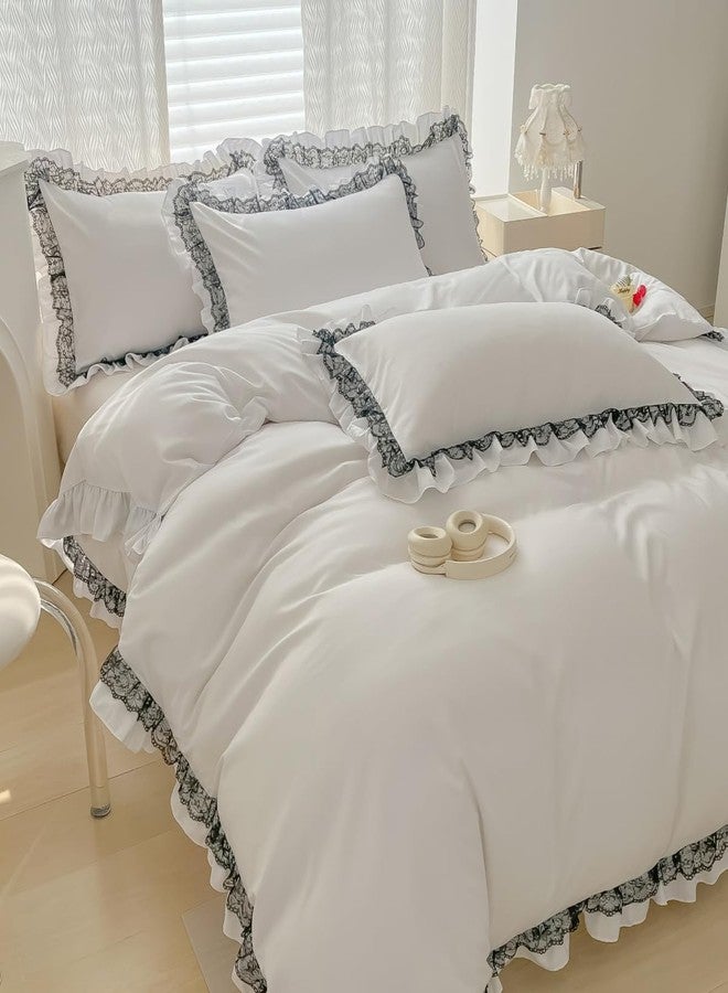 IHOUSTRIY Lace Ruffled Duvet Cover Full Size, Cute Girls Bedding Set Set with Zipper, 3 Pieces Chic Comforter Cover Set with Black Ruffle - White, Full - Image 2