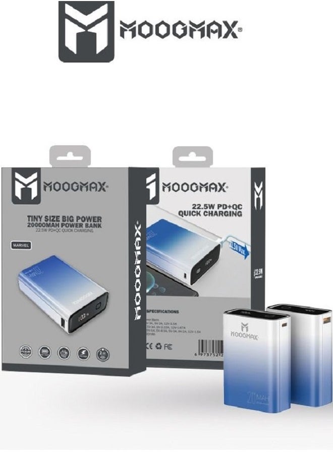 Marvel power bank 20000mAh with 22.5W, and an elegant design, small Mini size and weight, two ports (Type-C) & (USB-A), portable power bank fast charging, and a digital display screen. Gradient cyan color