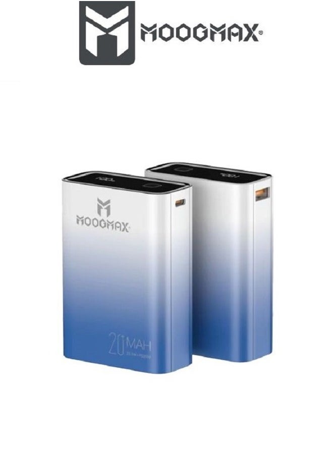 Marvel power bank 20000mAh with 22.5W, and an elegant design, small Mini size and weight, two ports (Type-C) & (USB-A), portable power bank fast charging, and a digital display screen. Gradient cyan color