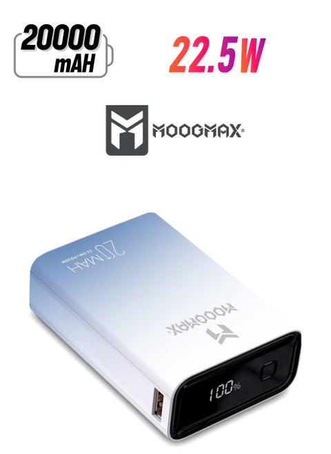 Marvel power bank 20000mAh with 22.5W, and an elegant design, small Mini size and weight, two ports (Type-C) & (USB-A), portable power bank fast charging, and a digital display screen. Gradient cyan color