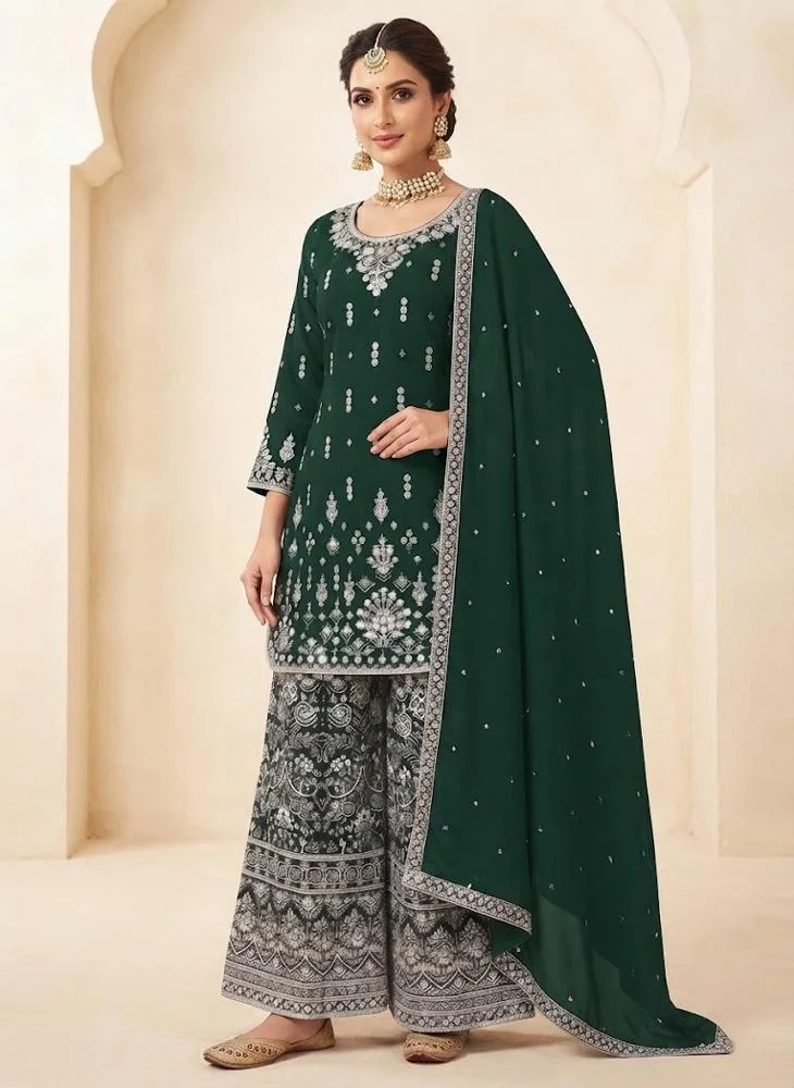 Viny VINY Dark Green 3-Piece Embroidered Suit Set – Women's Indian Ethnic Wear