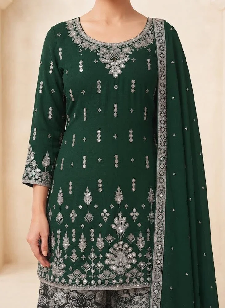 Viny VINY Dark Green 3-Piece Embroidered Suit Set – Women's Indian Ethnic Wear