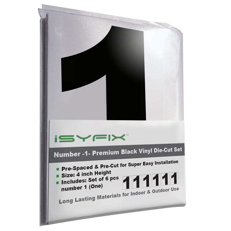 iSYFIX Black Vinyl Number 1 (One) Stickers - 6 Pack 4 inch Self Adhesive - Decal Die Cut & Pre-Spaced for Mailbox, Signs, Window, Door, Cars, Trucks, Home, Business, Address Number, Indoor & Outdoor - Image 1