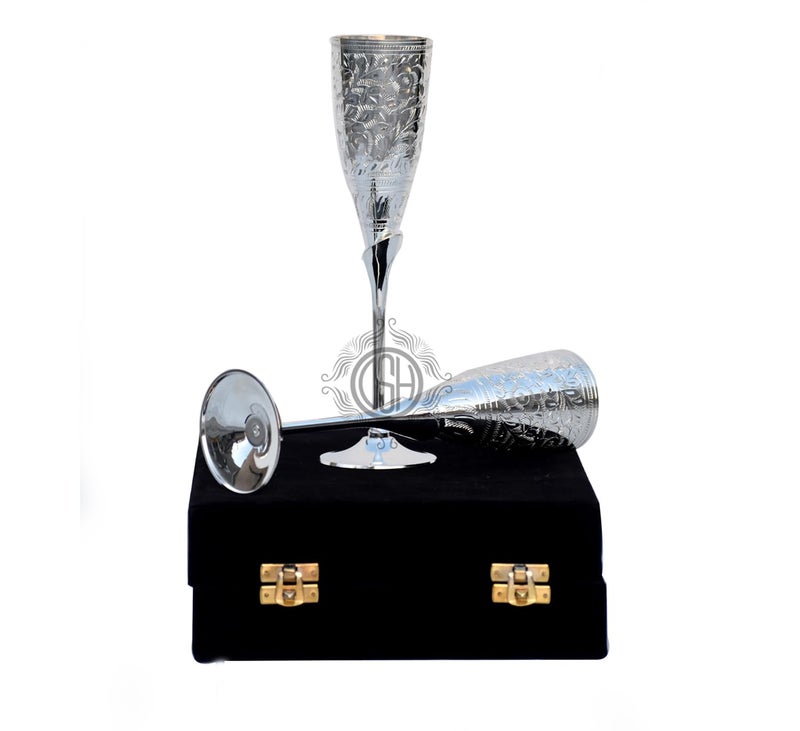 Dsh Silver Wine Glass Set Champagne Glass Flute Design | Goblet Glass Best For Parties, Set Of 2 (Silver) - 200 Ml - Image 2
